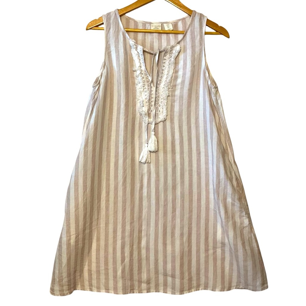 ST. TROPEZ WEST sz Small Linen Casual Beach Dress Pockets Stripes Neutral Colors